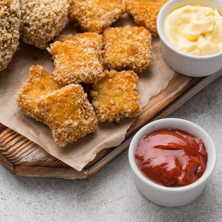 Hotové chrumkavé tofu v cornflakes s omáčkami. Fotka - Freepik
